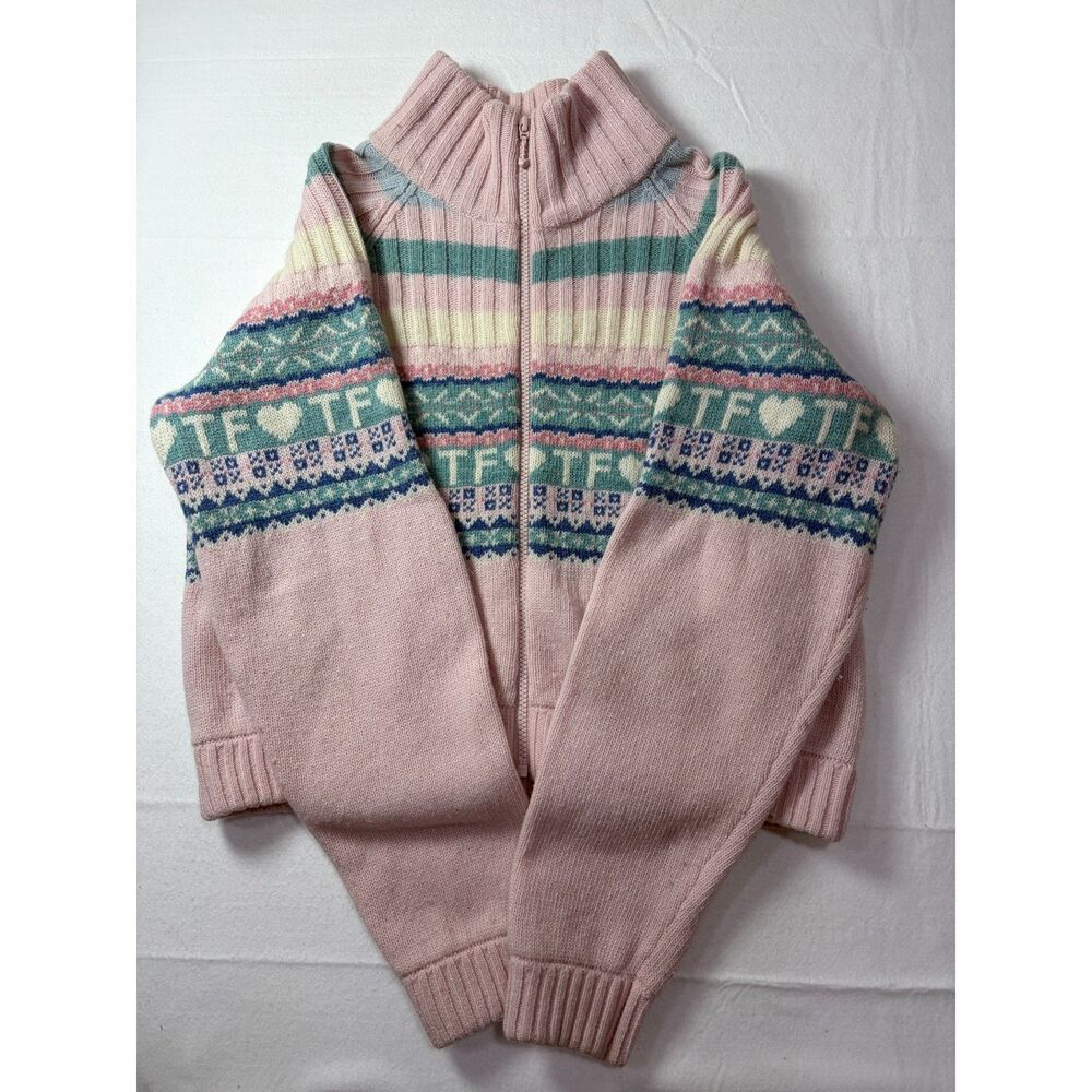 Teddy Fresh Coquette Merino Wool Fair Isle Full Zip Sweater Pink Pastel Large